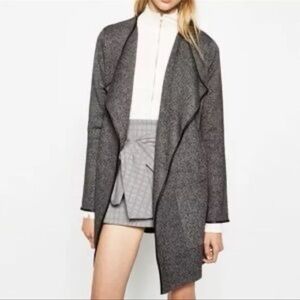 Zara‎ Knit Faux Leather Trim Gray Slouchy Draped Open Front Cardigan Size Medium